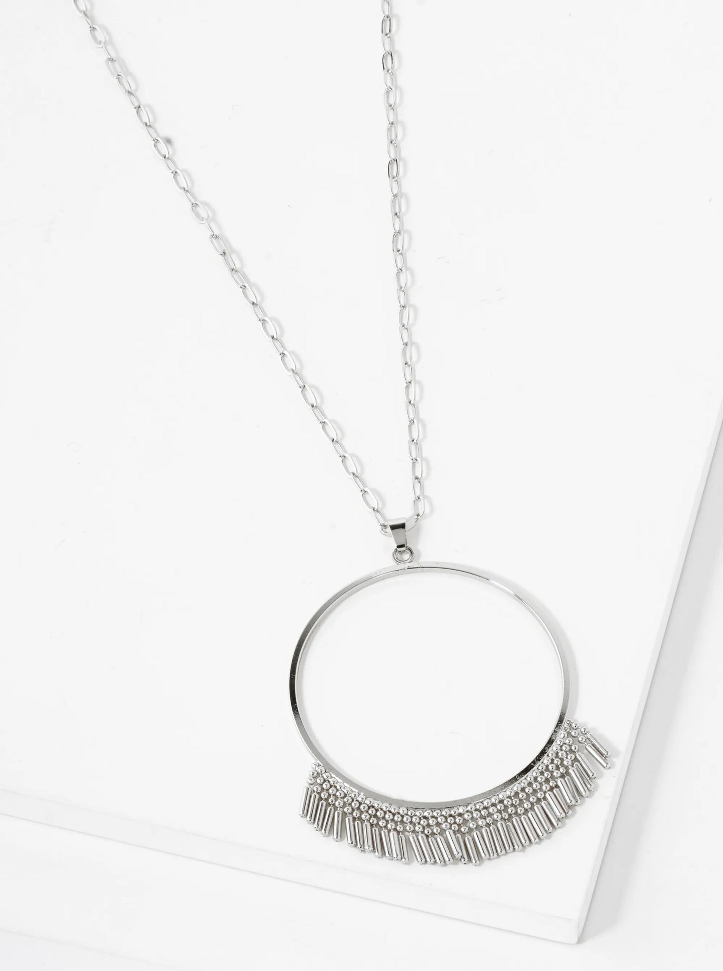 Metal Fringe Circle Pendant 32 Inch Long Necklace