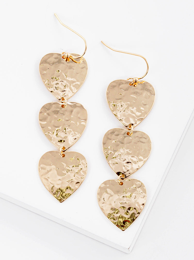 Metal Hammered Heart Drop 3 Tier Dangle Earrings