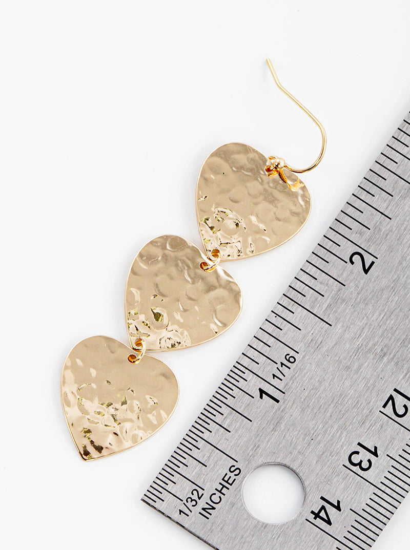 Metal Hammered Heart Drop 3 Tier Dangle Earrings