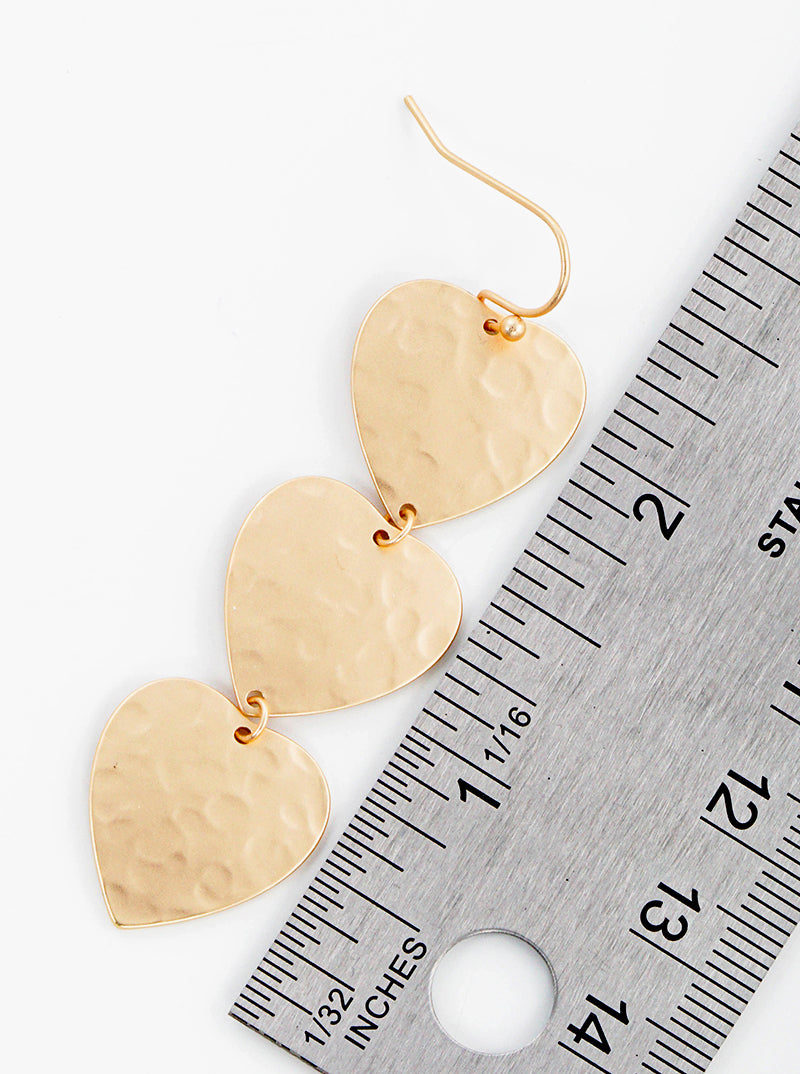 Metal Hammered Heart Drop 3 Tier Dangle Earrings
