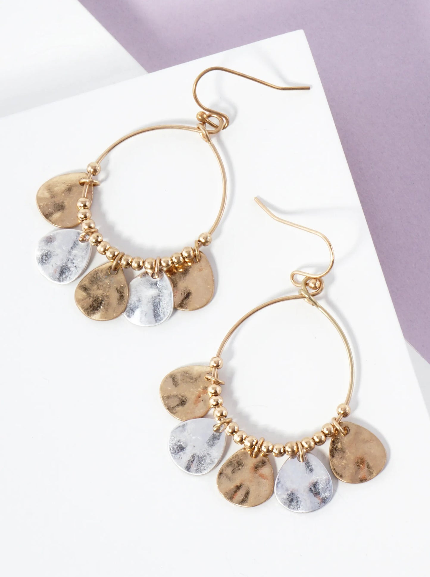 Metal Hammered-Texture Teardrop Charms Adorning Wire Circle Earrings