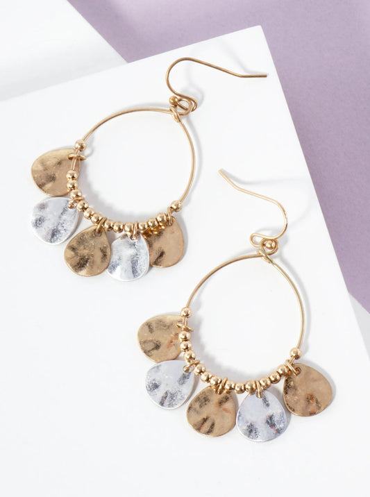Metal Hammered-Texture Teardrop Charms Adorning Wire Circle Earrings