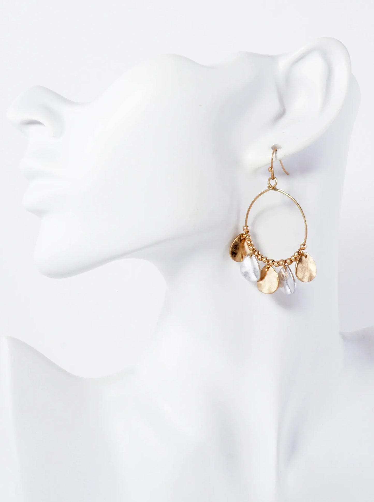 Metal Hammered-Texture Teardrop Charms Adorning Wire Circle Earrings
