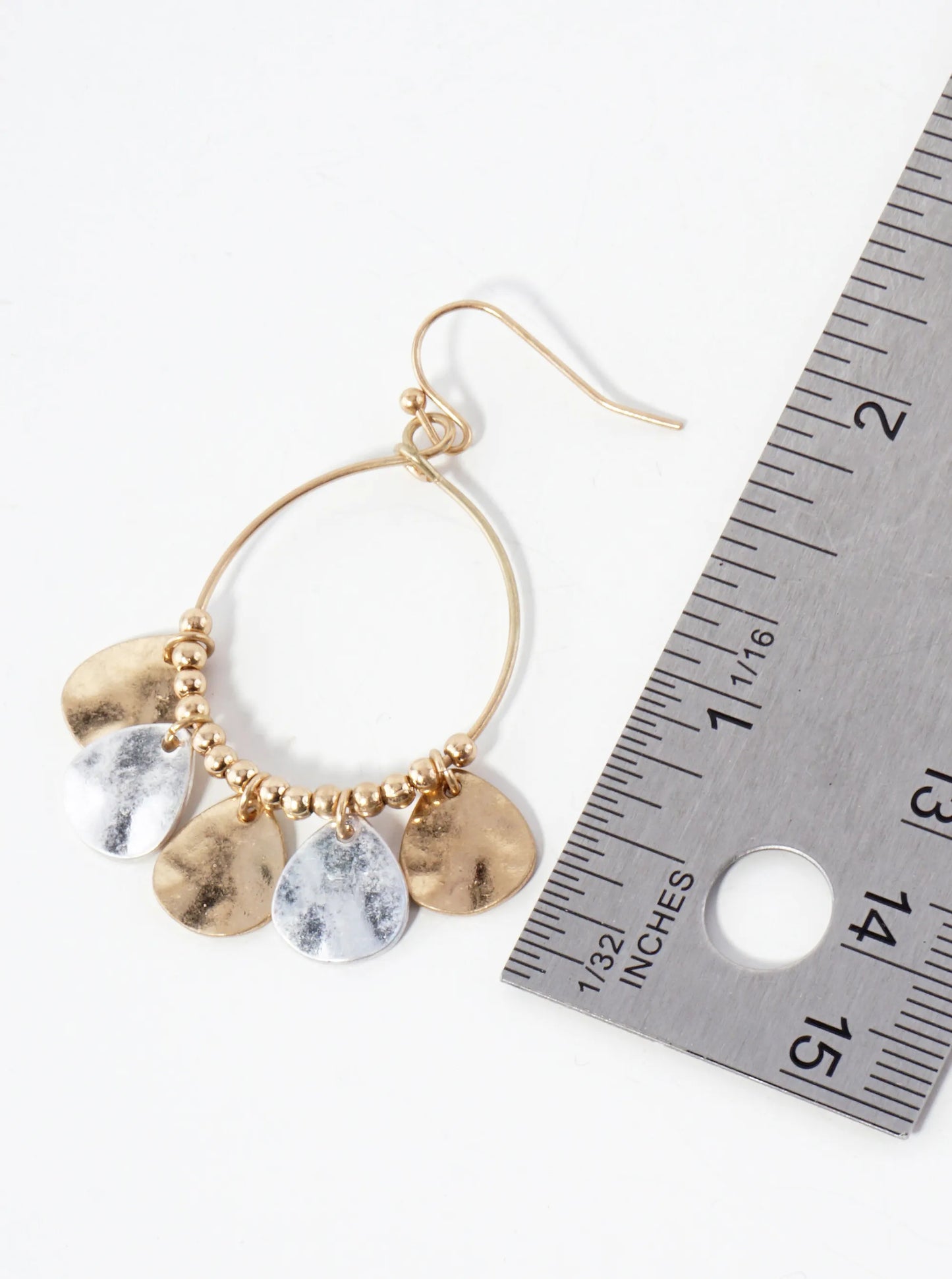 Metal Hammered-Texture Teardrop Charms Adorning Wire Circle Earrings