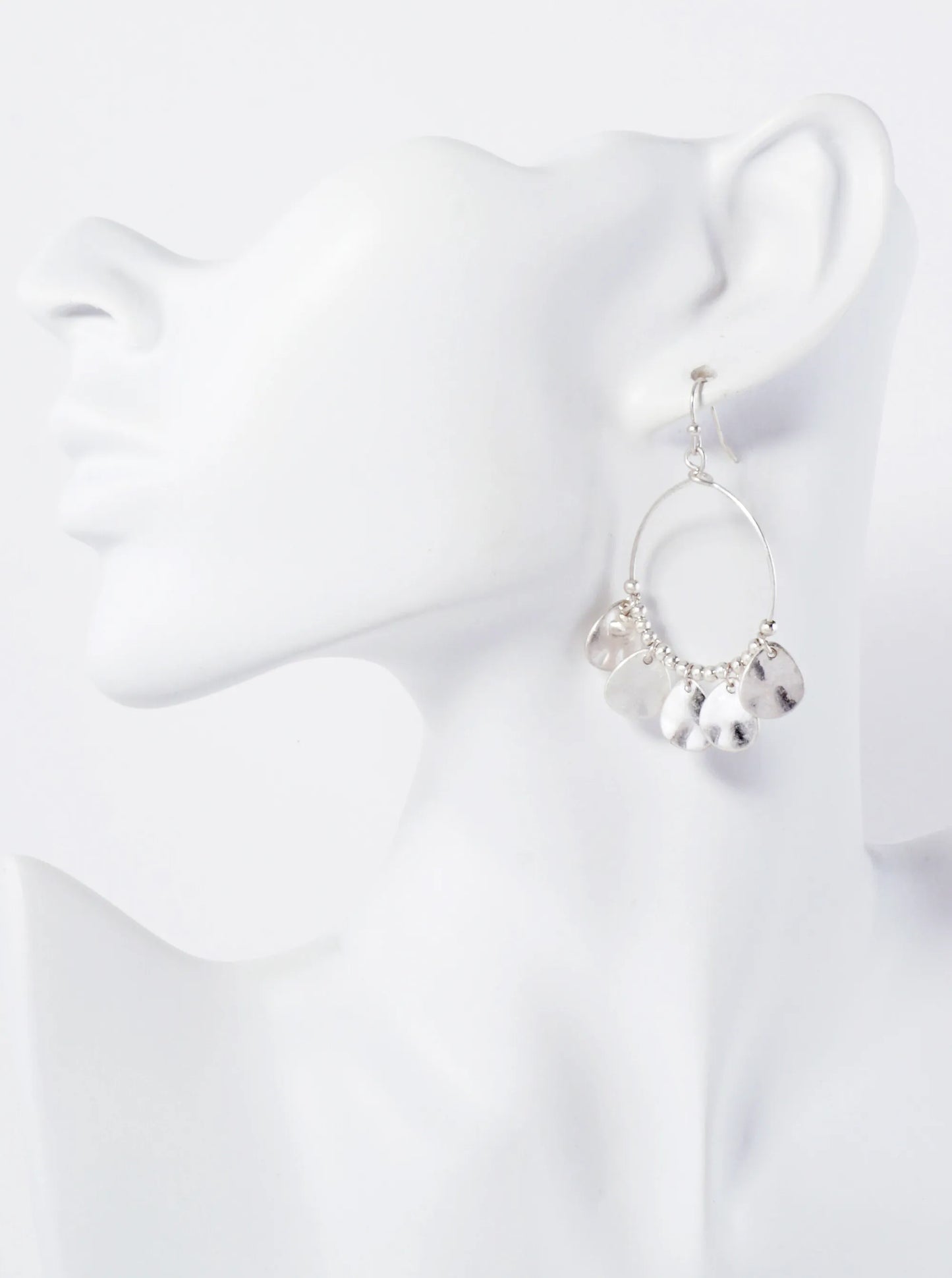 Metal Hammered-Texture Teardrop Charms Adorning Wire Circle Earrings