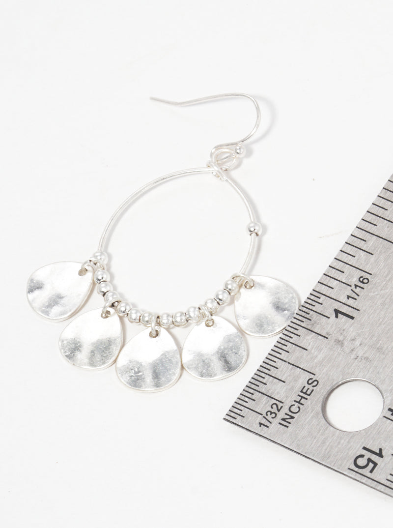 Metal Hammered-Texture Teardrop Charms Adorning Wire Circle Earrings