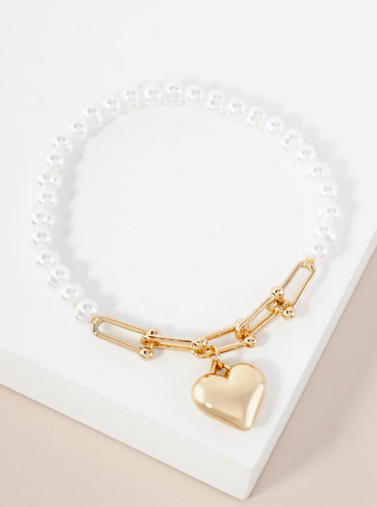 Metal Heart Charm 6mm Pearl-Bead Stretch Bracelet