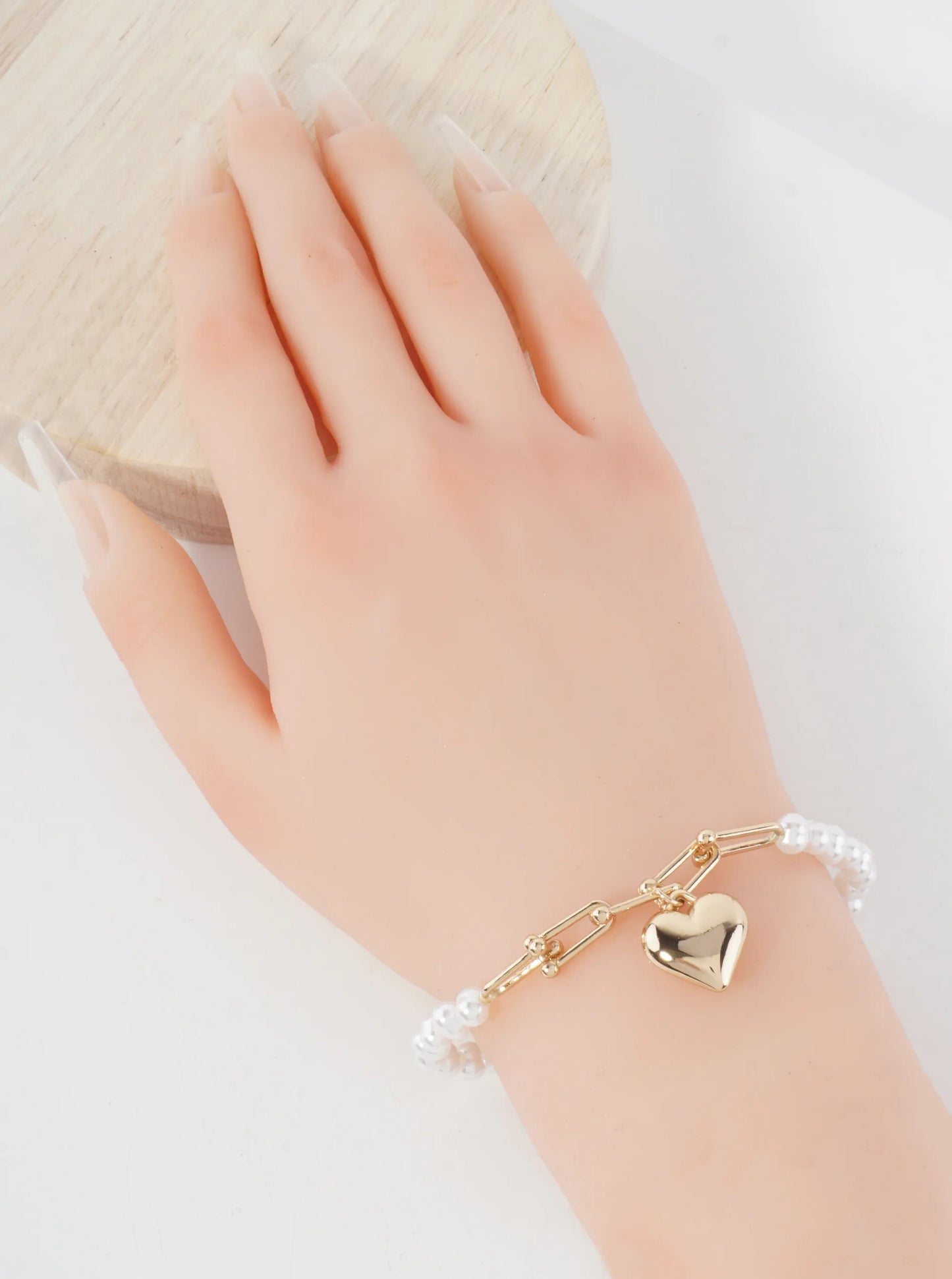 Metal Heart Charm 6mm Pearl-Bead Stretch Bracelet