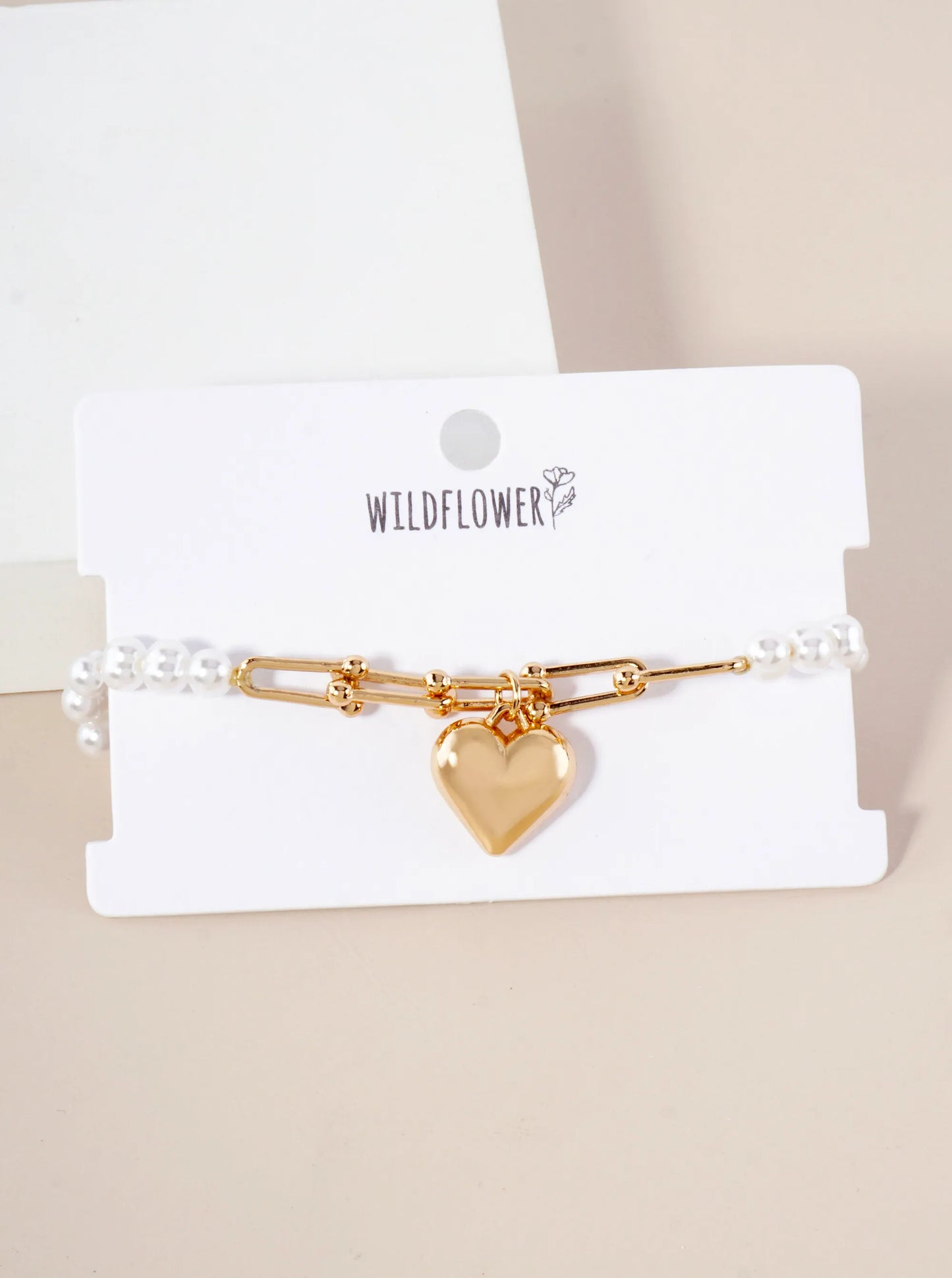 Metal Heart Charm 6mm Pearl-Bead Stretch Bracelet