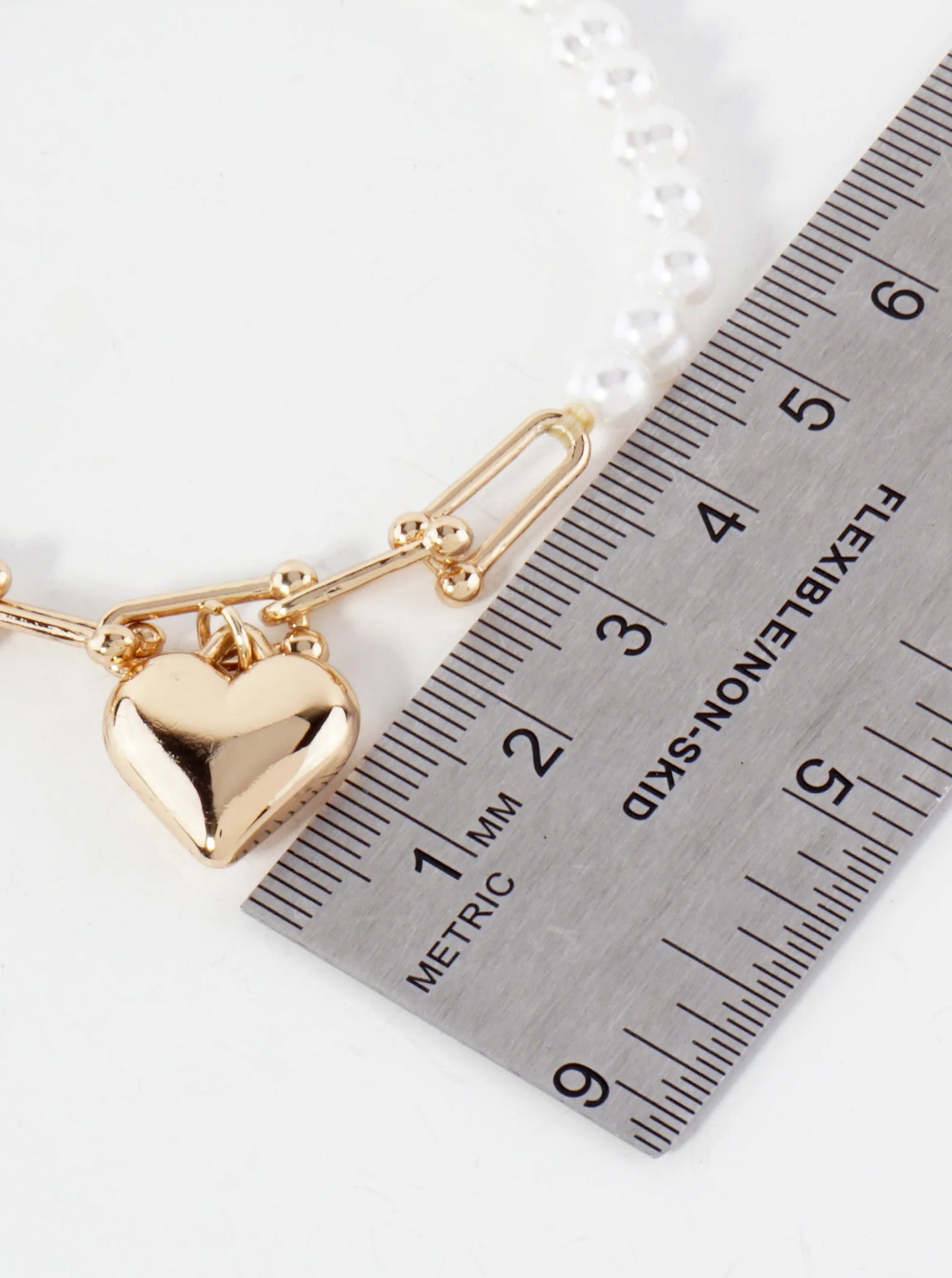 Metal Heart Charm 6mm Pearl-Bead Stretch Bracelet