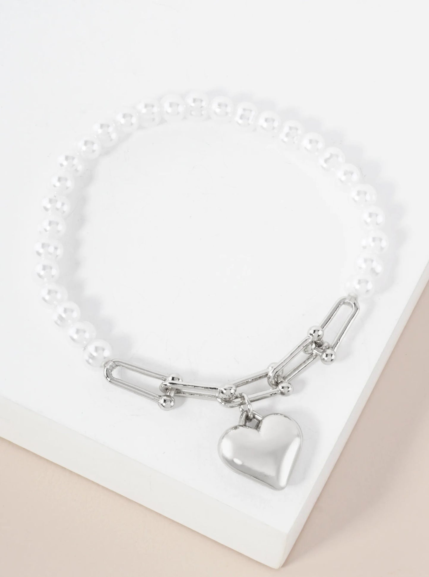 Metal Heart Charm 6mm Pearl-Bead Stretch Bracelet