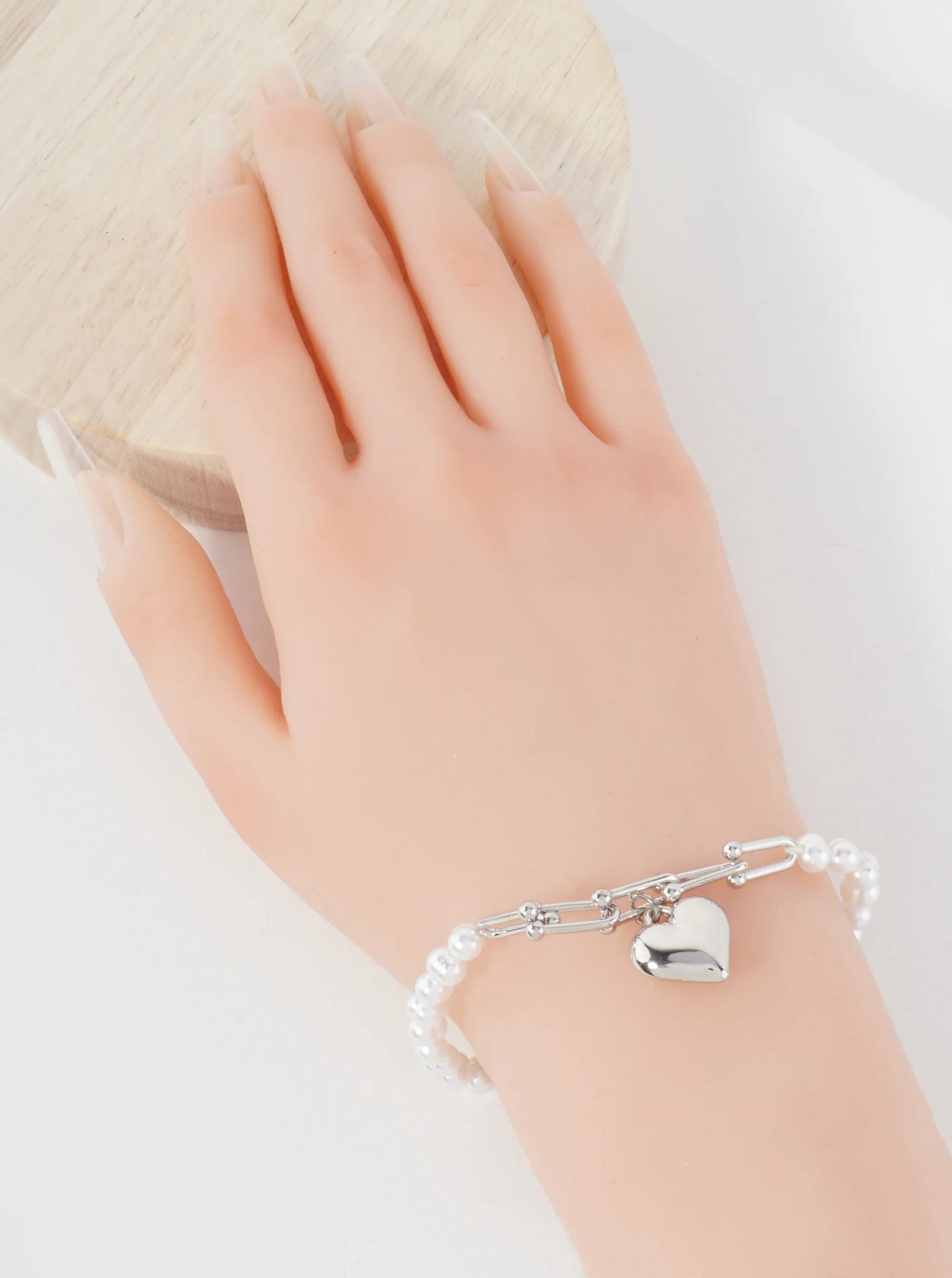 Metal Heart Charm 6mm Pearl-Bead Stretch Bracelet
