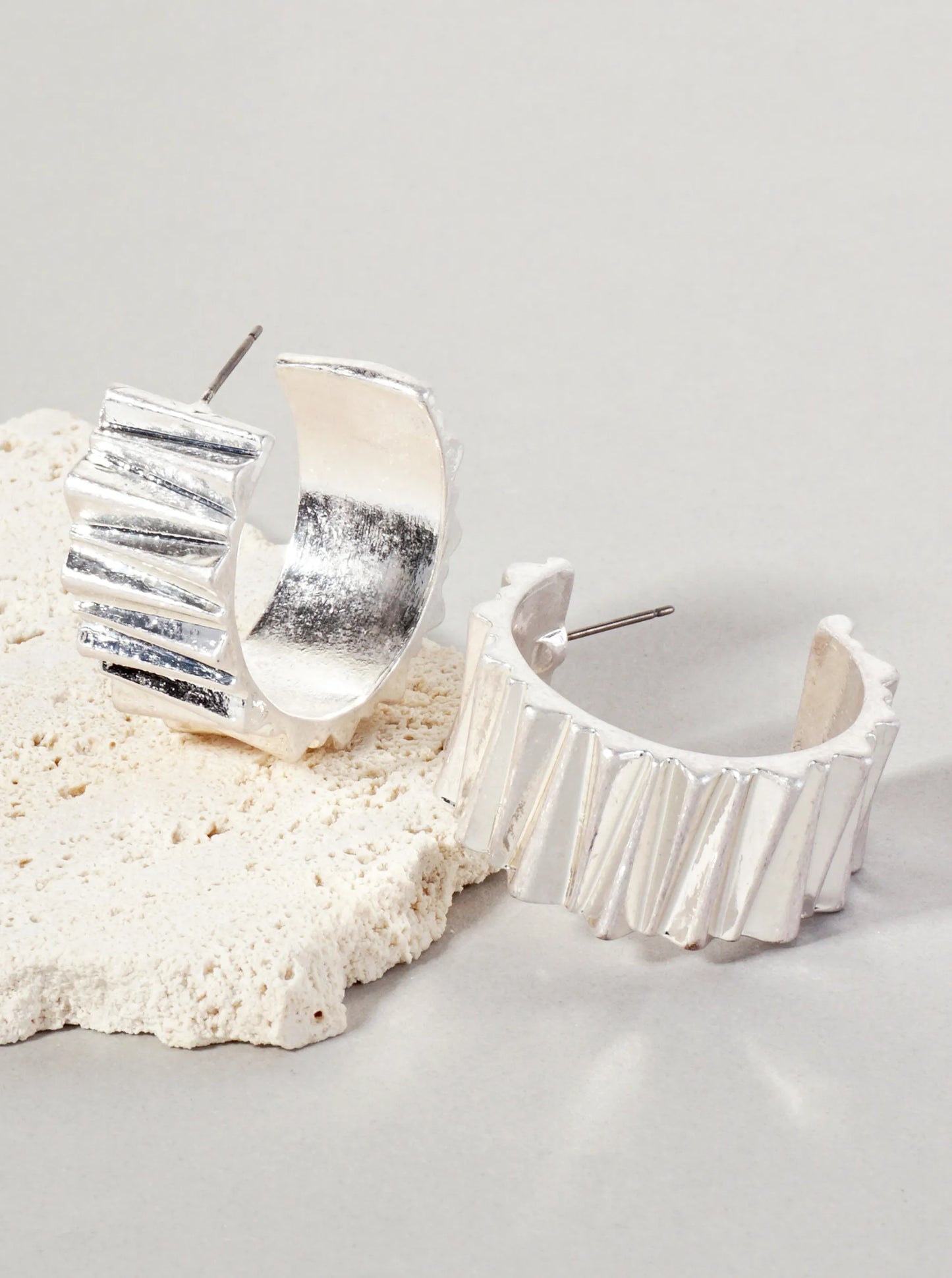 Metal Jagged-Texture 15mm Wide 30mm Hoop Earrings With-Titanium-Post