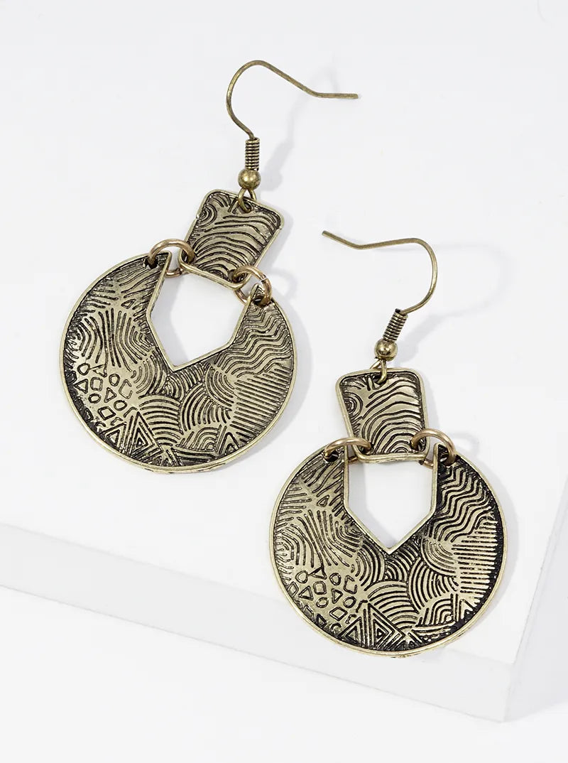 Metal Multi Pattern Engraved Dangle Drop Earrings