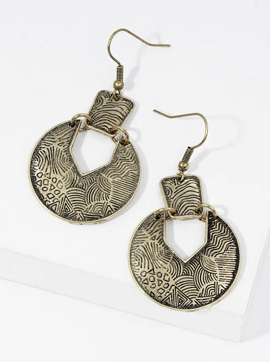 Metal Multi Pattern Engraved Dangle Drop Earrings