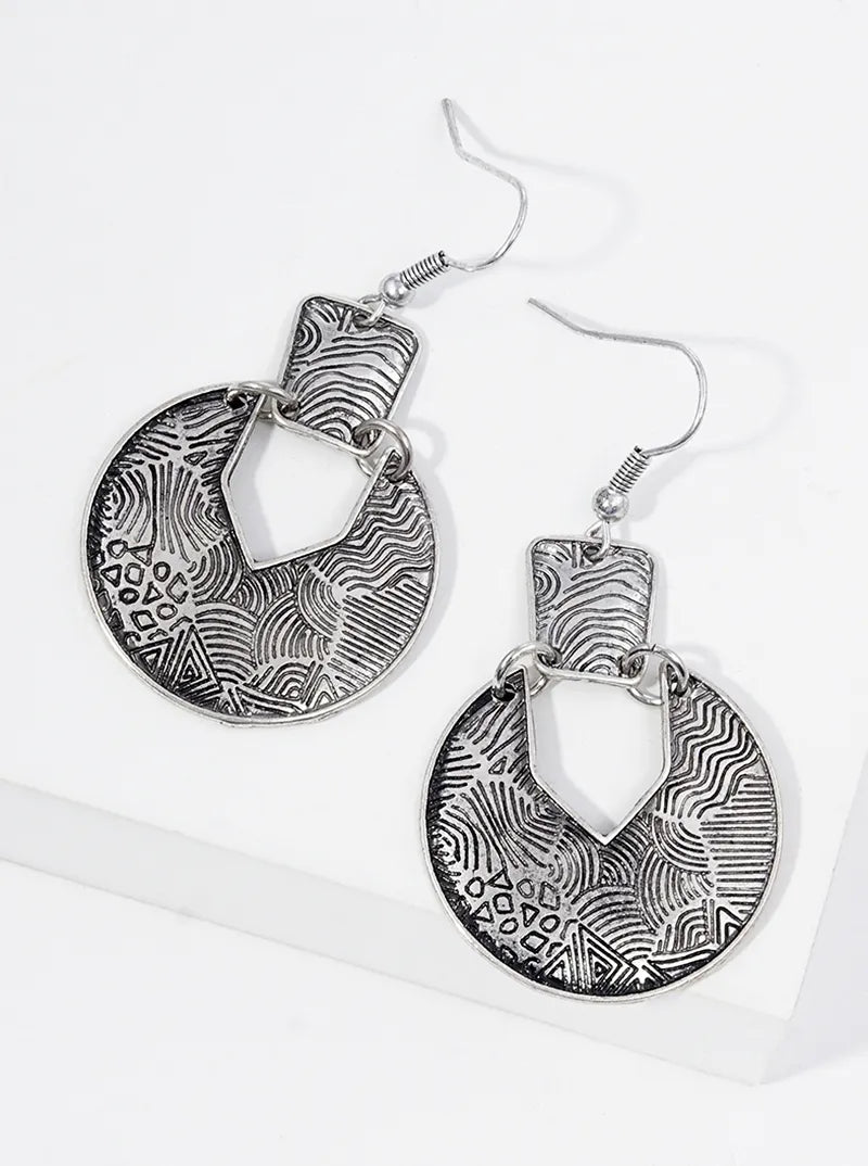 Metal Multi Pattern Engraved Dangle Drop Earrings