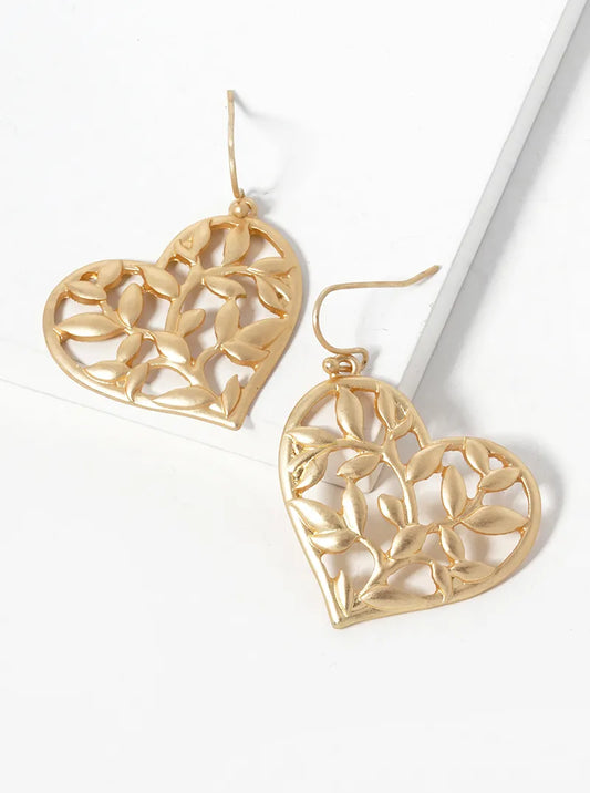 Metal Nature Inspired Heart Dangle Drop Earrings