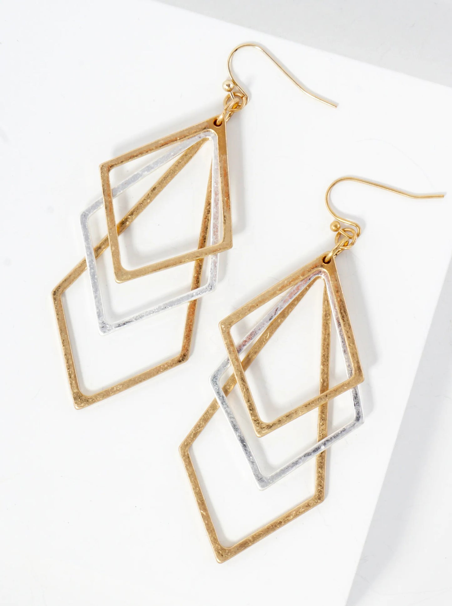 Metal Overlapped Three Diamond-Shape Dangle Earrings