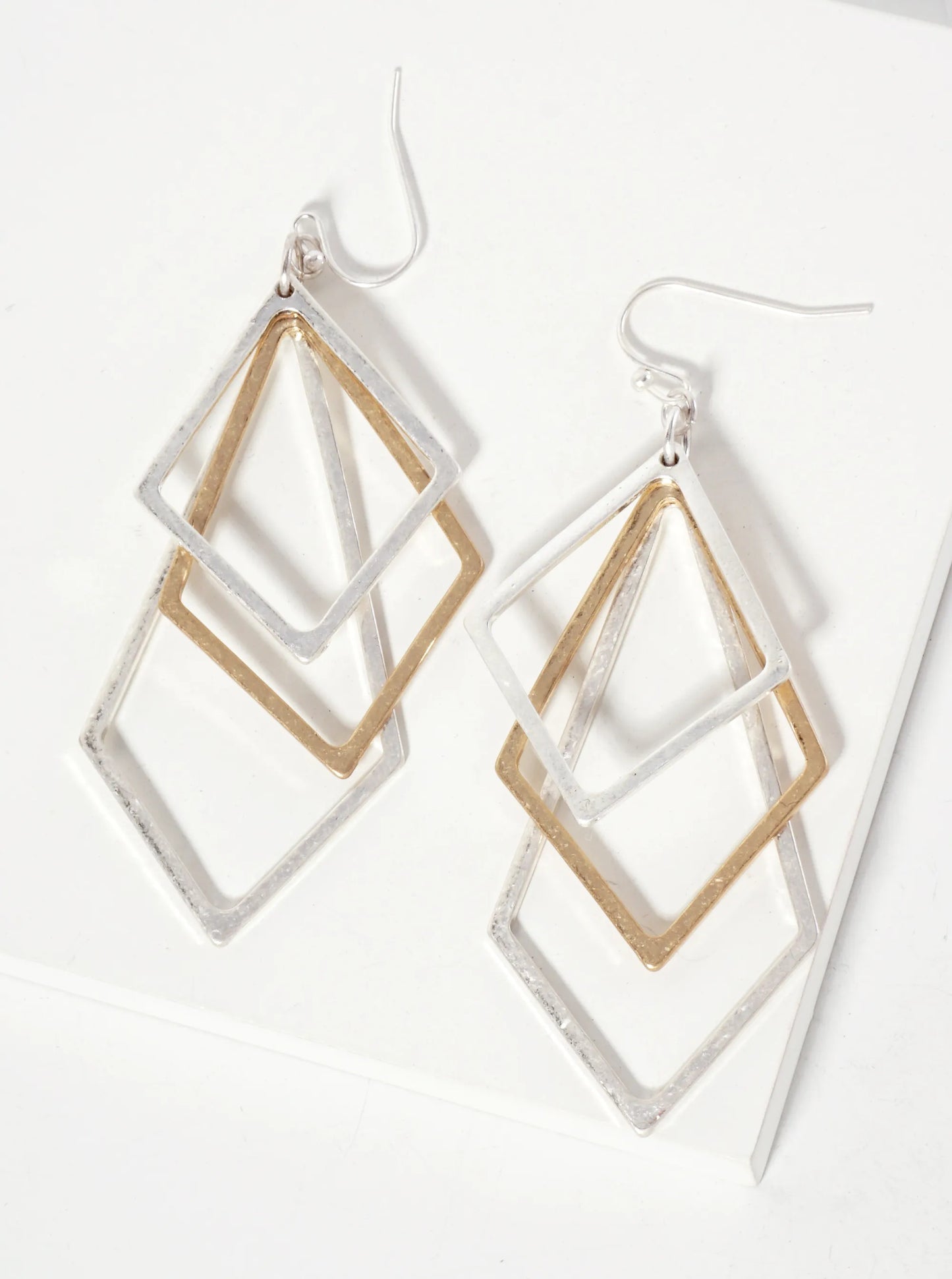 Metal Overlapped Three Diamond-Shape Dangle Earrings