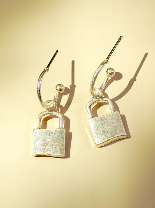 Metal Padlock Drop 10mm Hoop Earrings