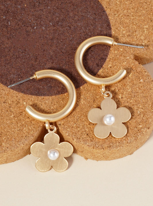 Metal Pearl Flower Dangle Drop 20mm Hoop Earrings