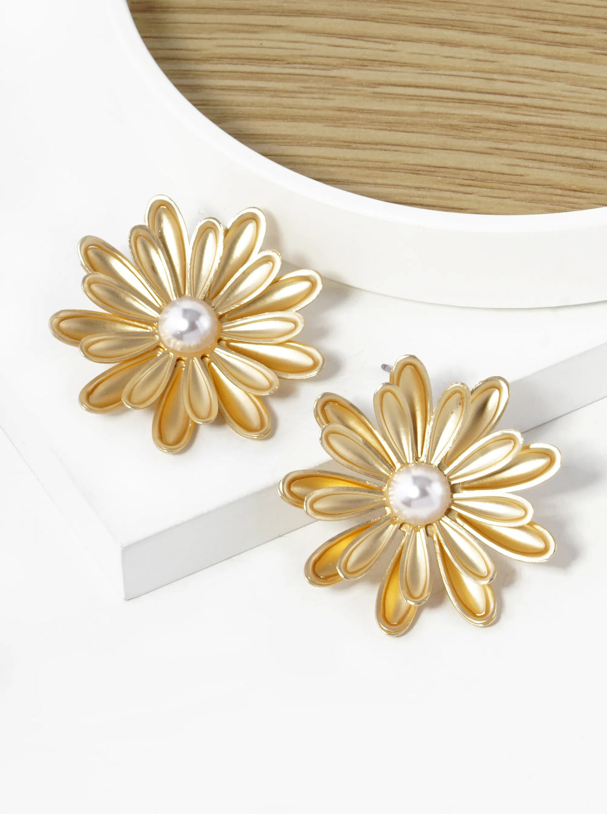 Metal Pearl Flower Statement Stud Earrings
