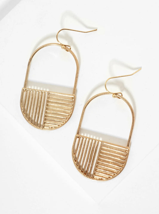 Metal Stadium Shape With Horizontal Vertical Stripes Drop Earrings