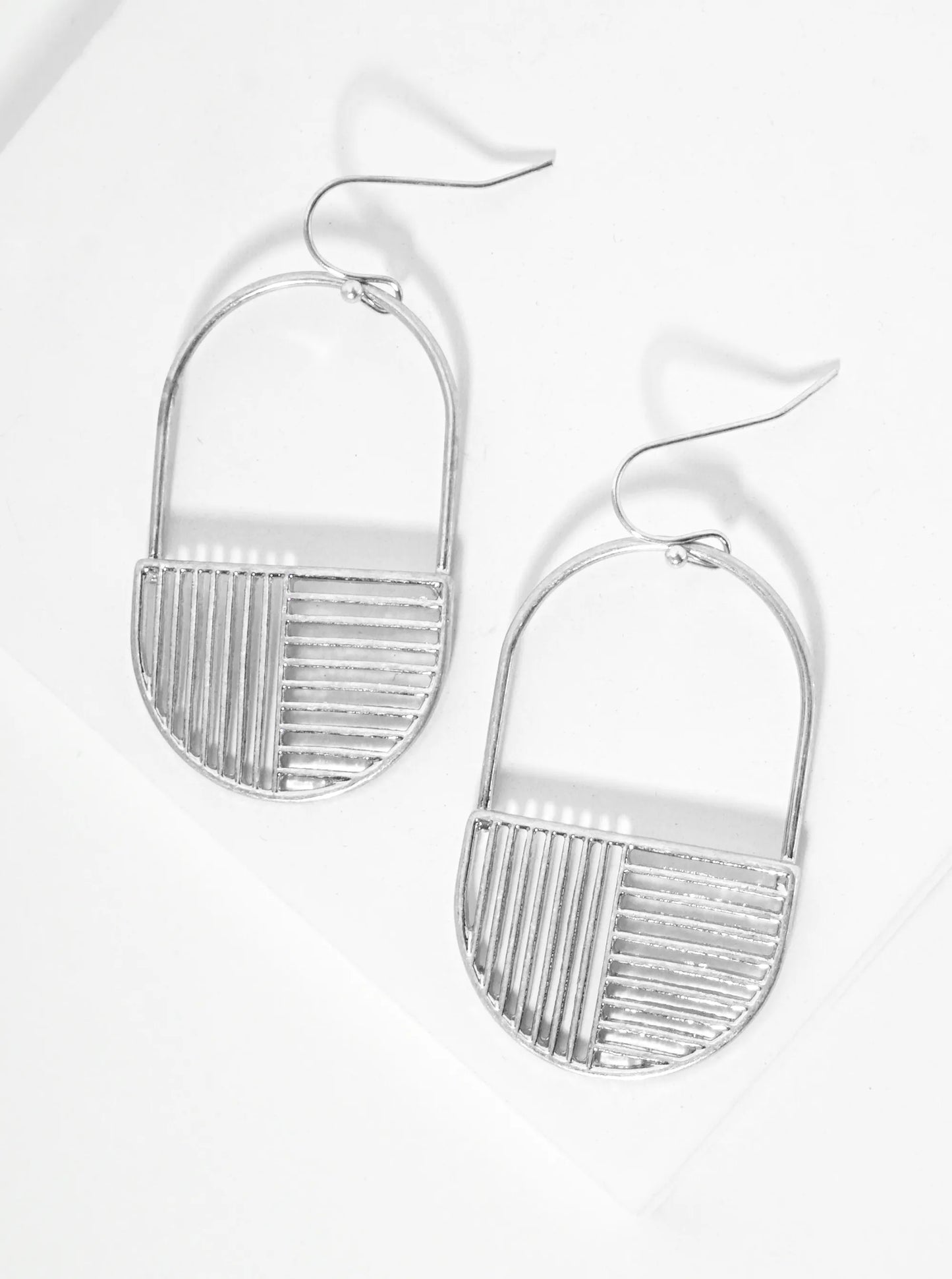 Metal Stadium Shape With Horizontal Vertical Stripes Drop Earrings