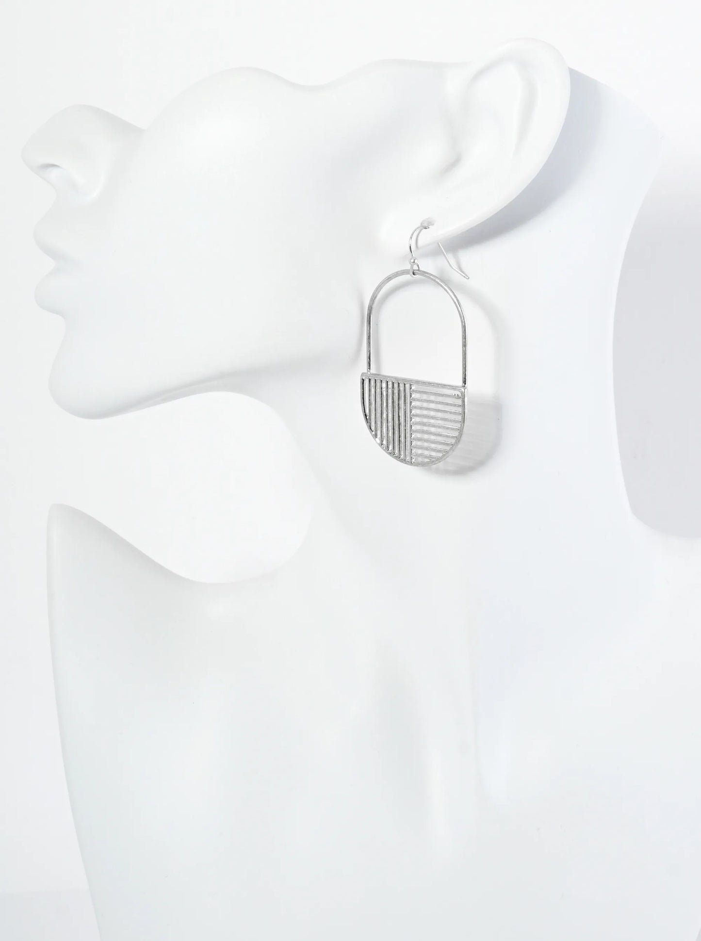 Metal Stadium Shape With Horizontal Vertical Stripes Drop Earrings