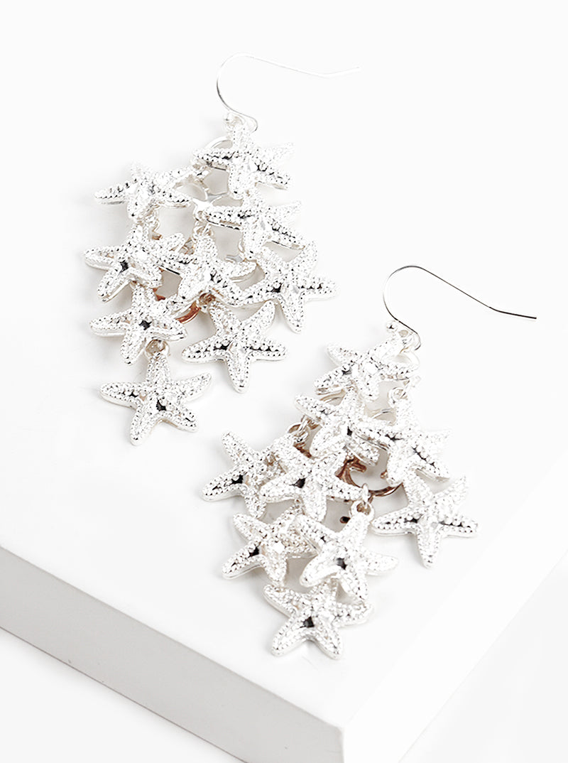 Metal Starfish Cluster Dangle Drop Earrings Silver