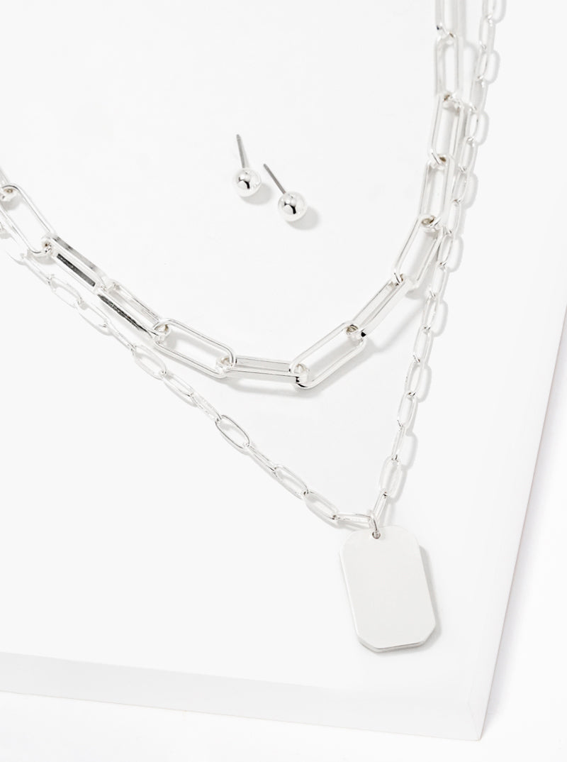 Metal Tag Pendant Layered Chain Necklace