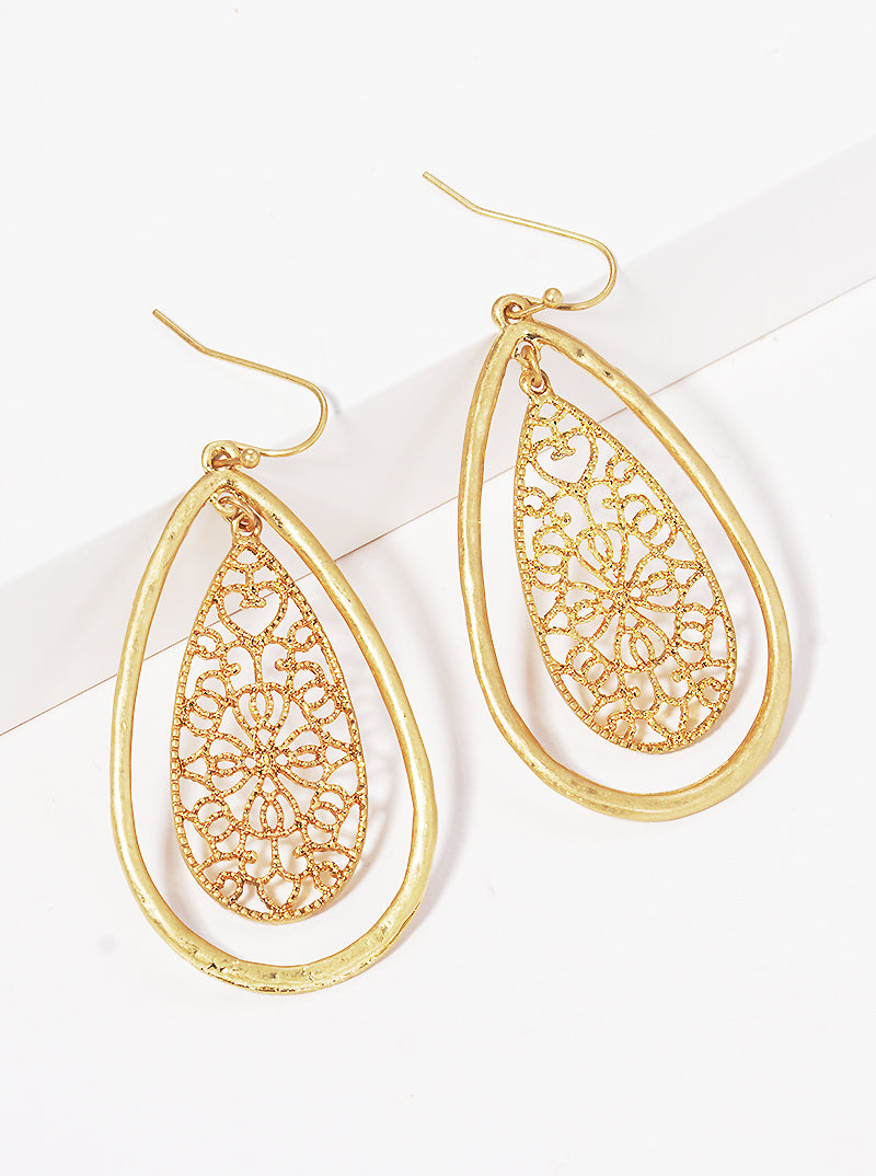 Metal Teardrop Shaped Filigree Dangle Drop Earrings