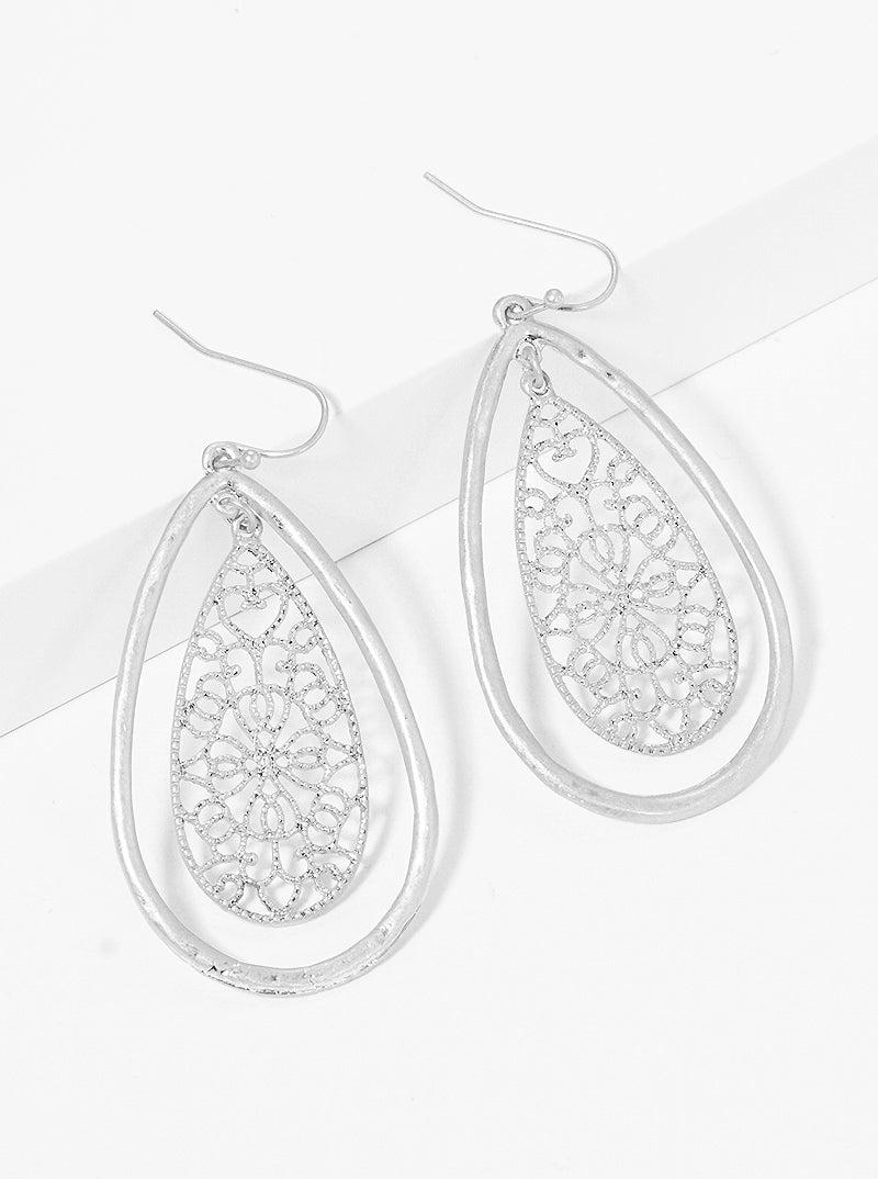 Metal Teardrop Shaped Filigree Dangle Drop Earrings