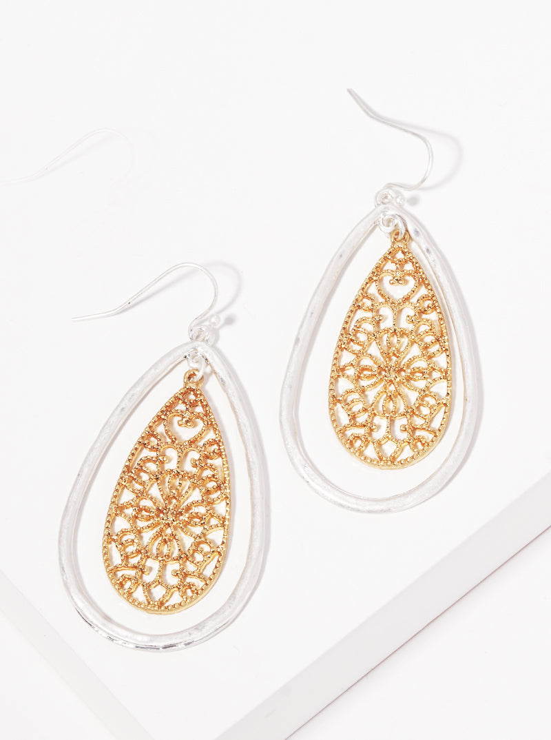 Metal Teardrop Shaped Filigree Dangle Drop Earrings