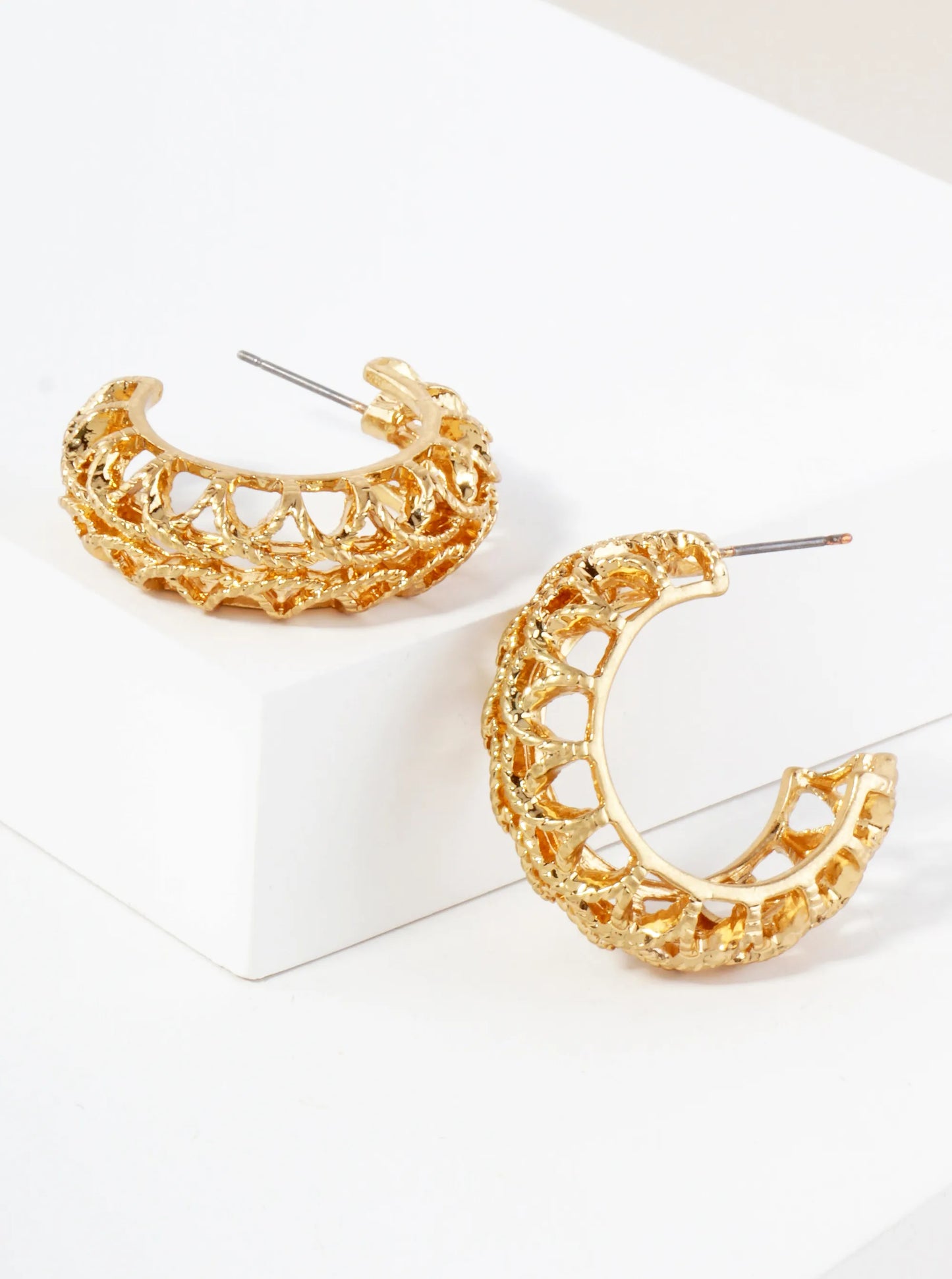Metal Textured 30mm Filigree Open Hoop Earrings With-Titanium-Post