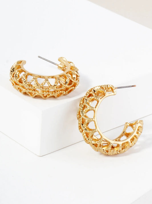 Metal Textured 30mm Filigree Open Hoop Earrings With-Titanium-Post