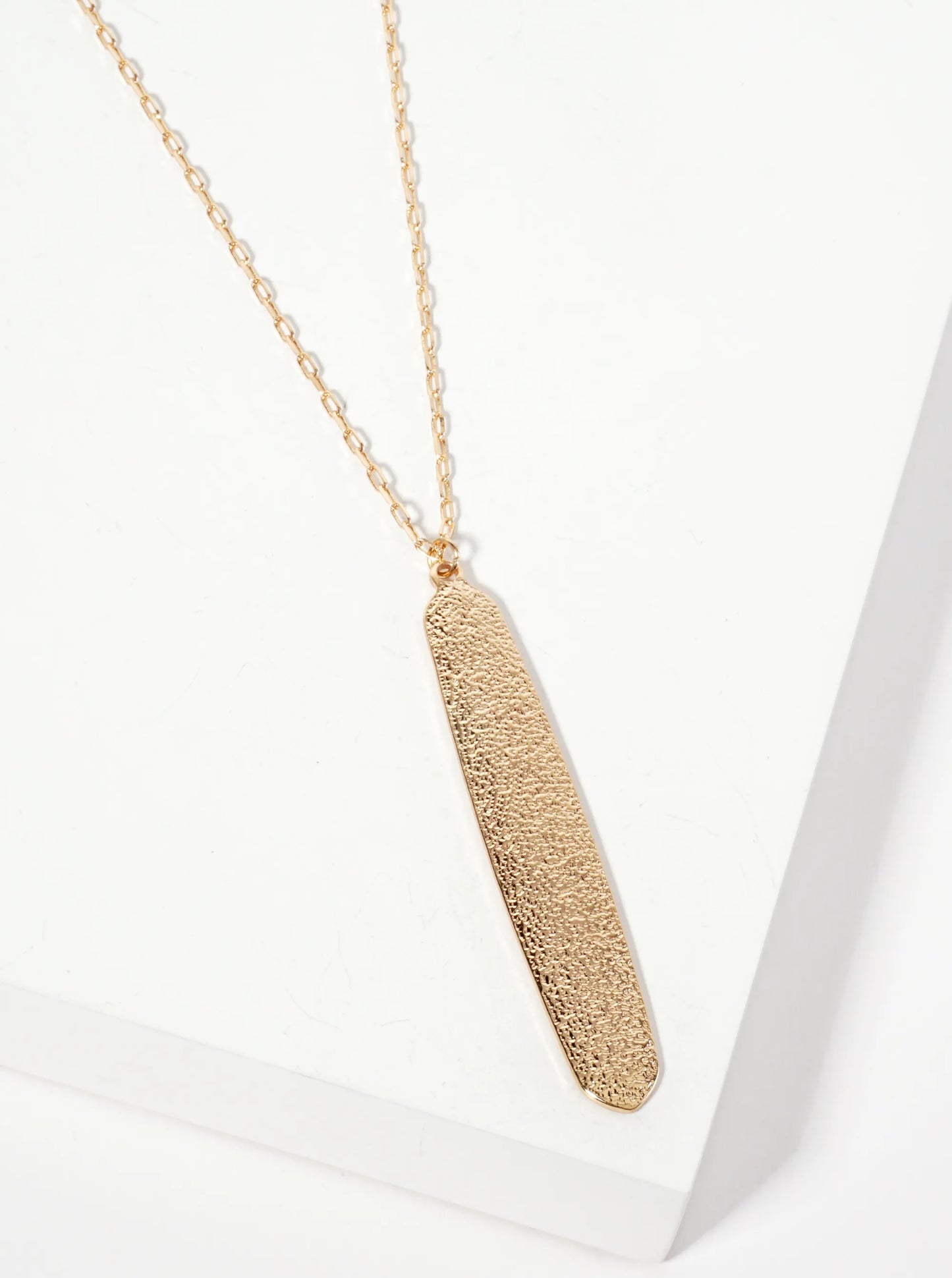 Metal Textured Elongated Hexagon Pendant 28-inch Long Necklace