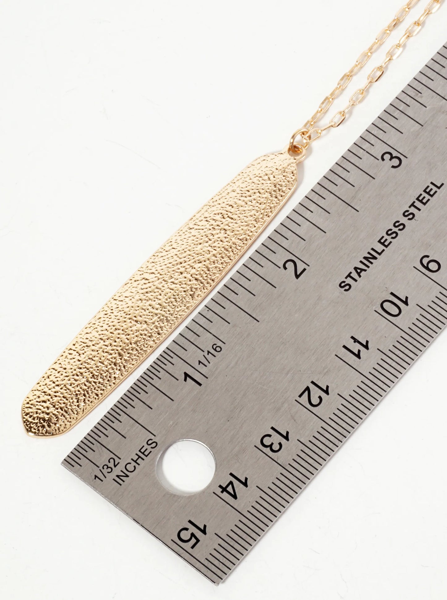 Metal Textured Elongated Hexagon Pendant 28-inch Long Necklace