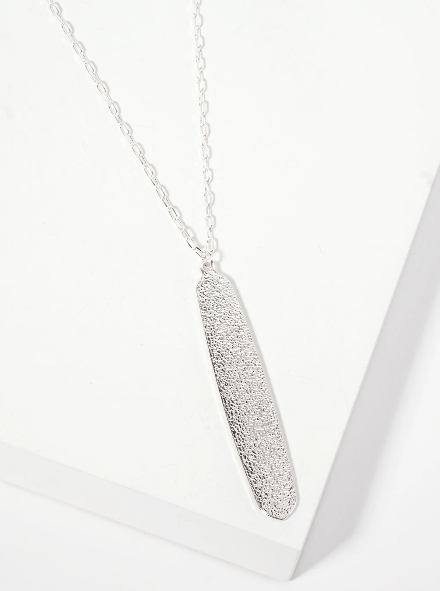 Metal Textured Elongated Hexagon Pendant 28-inch Long Necklace