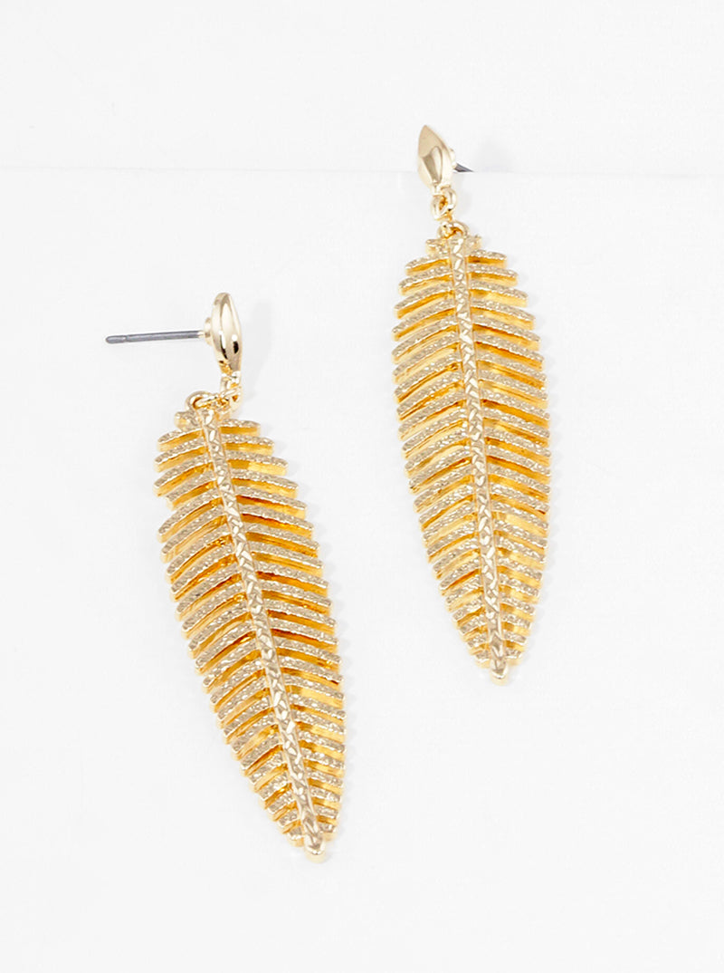 Metal Textured Leaf Drop Dangle Post Earrings
