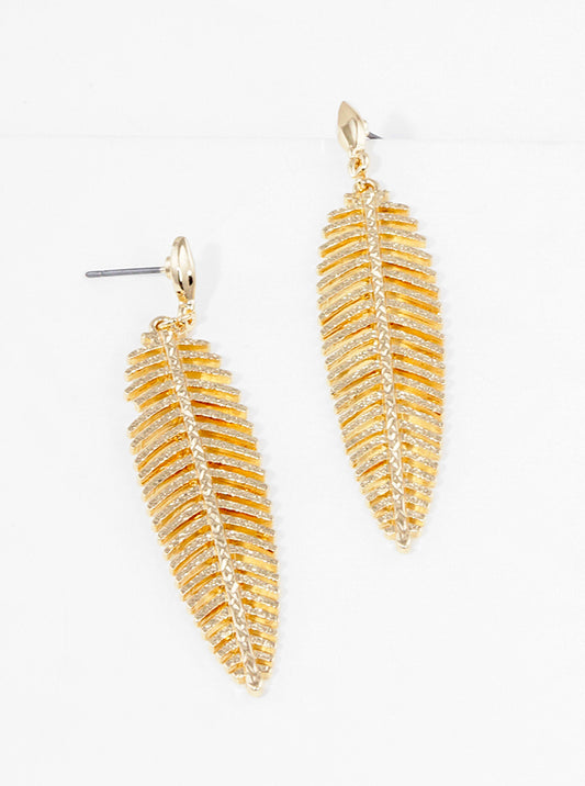 Metal Textured Leaf Drop Dangle Post Earrings