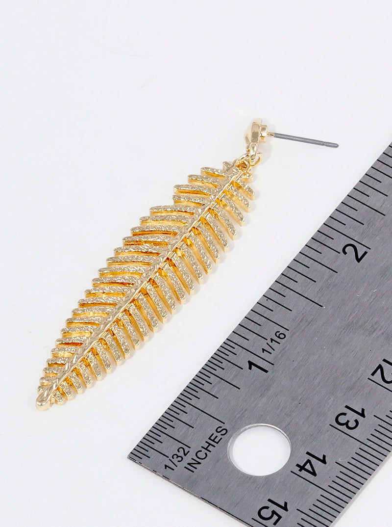 Metal Textured Leaf Drop Dangle Post Earrings