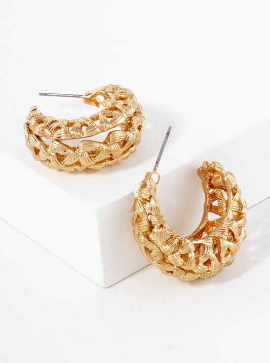 Metal Woven-Texture 30mm Filigree Open Hoop Earrings With-Titanium-Post