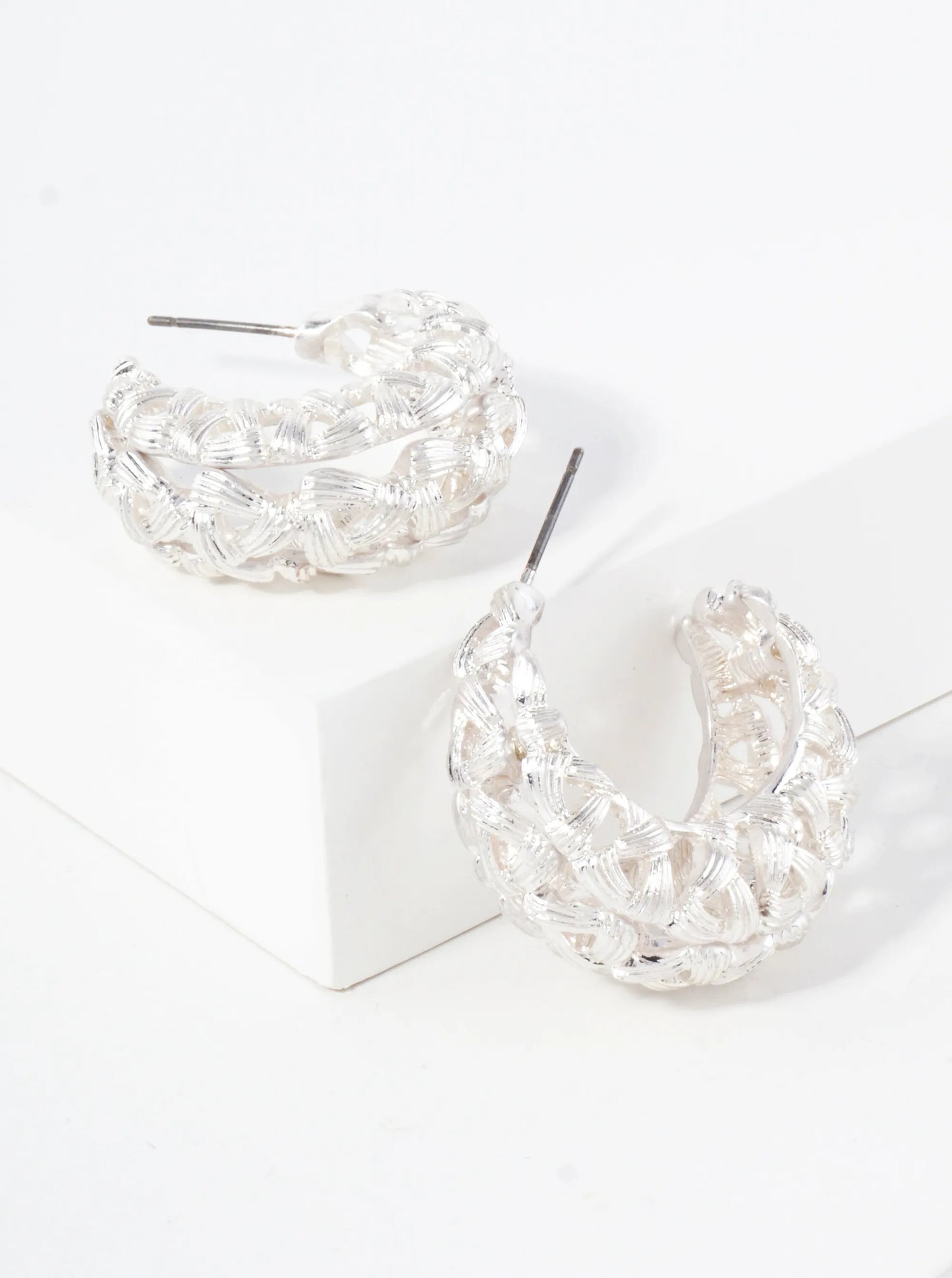 Metal Woven-Texture 30mm Filigree Open Hoop Earrings With-Titanium-Post