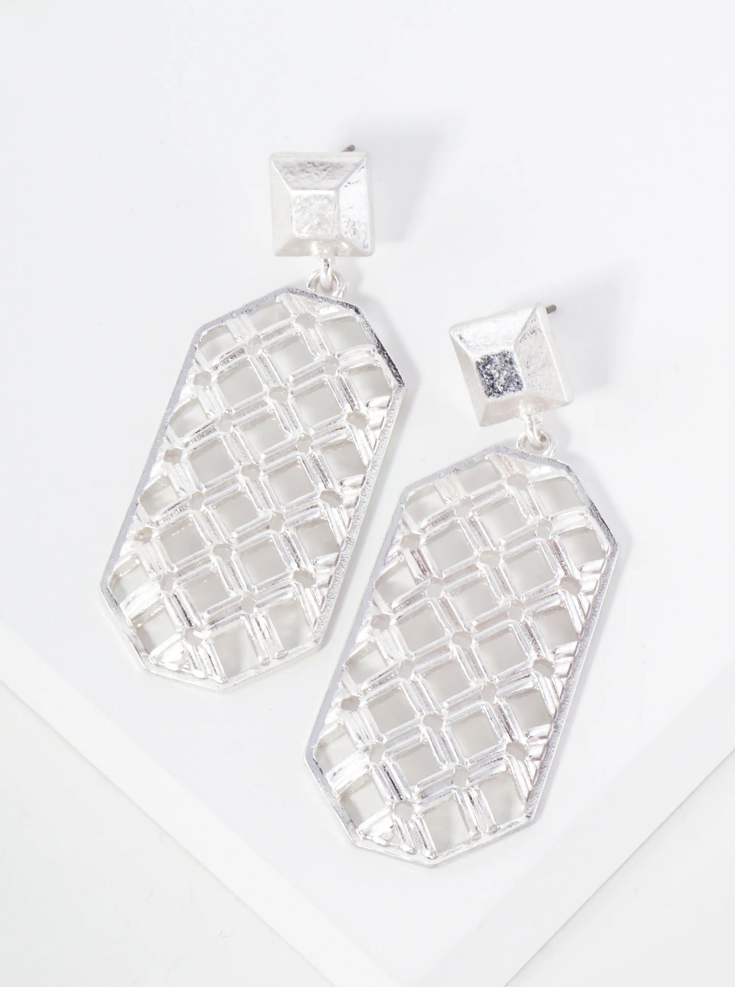 Metal Woven-Texture Geometric Long Octagon Drop Dangle Earrings With-Titanium-Post