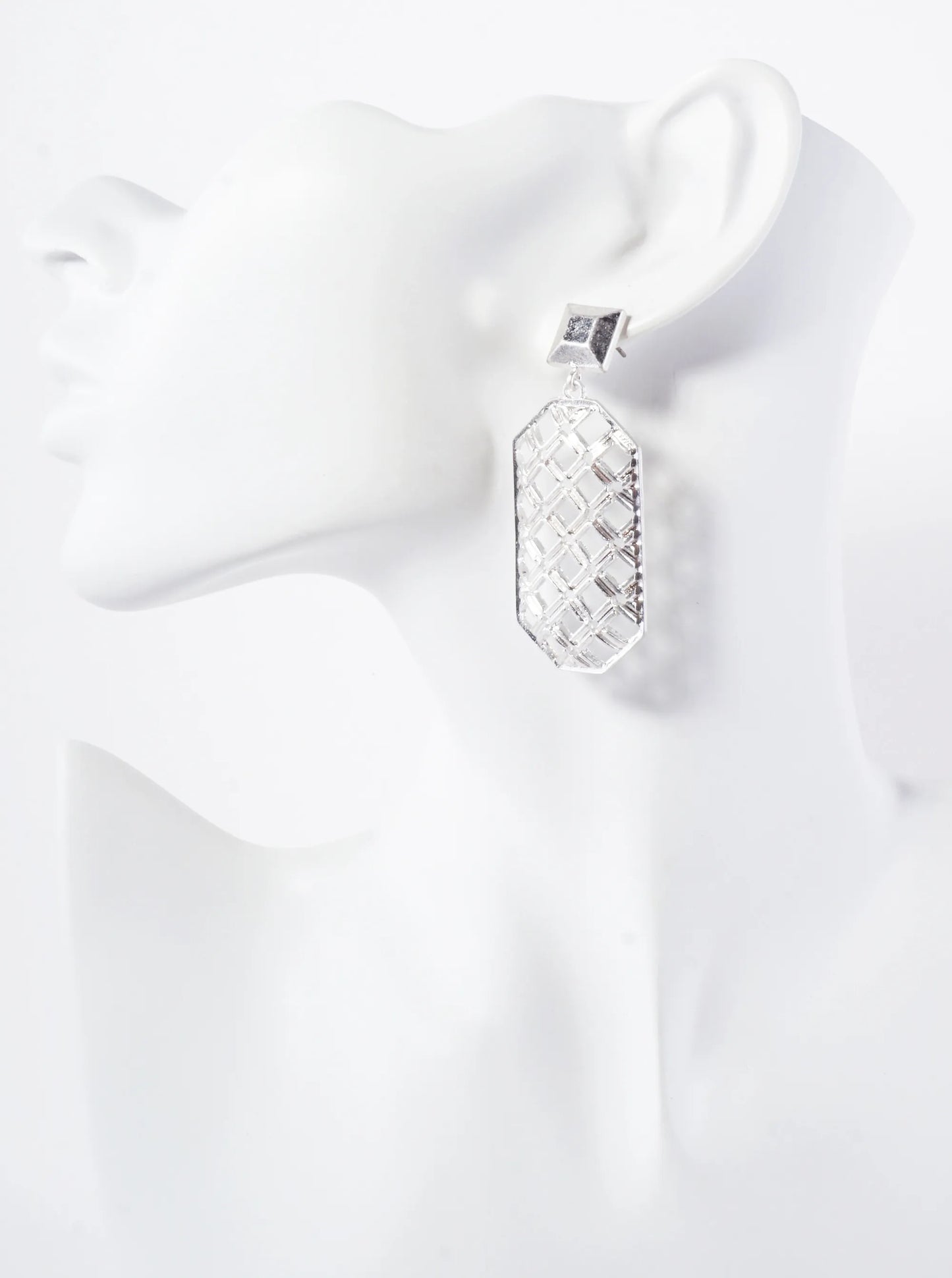 Metal Woven-Texture Geometric Long Octagon Drop Dangle Earrings With-Titanium-Post