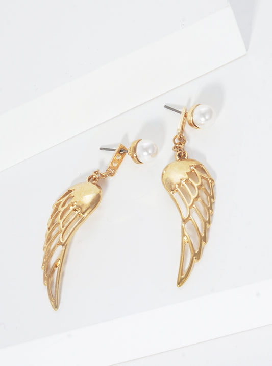 Metal Angel Wings With Pearl Post Dangle Drop Earrings