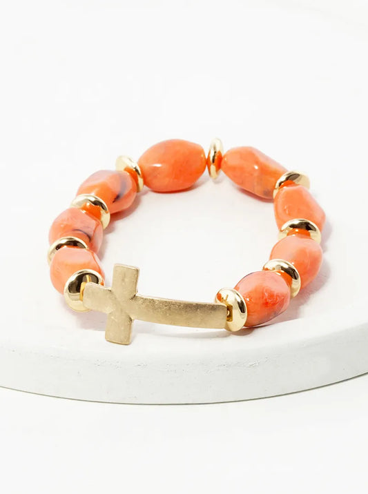 Metal Cross Accent Semi-precious Natural Stone Stretch Bracelet