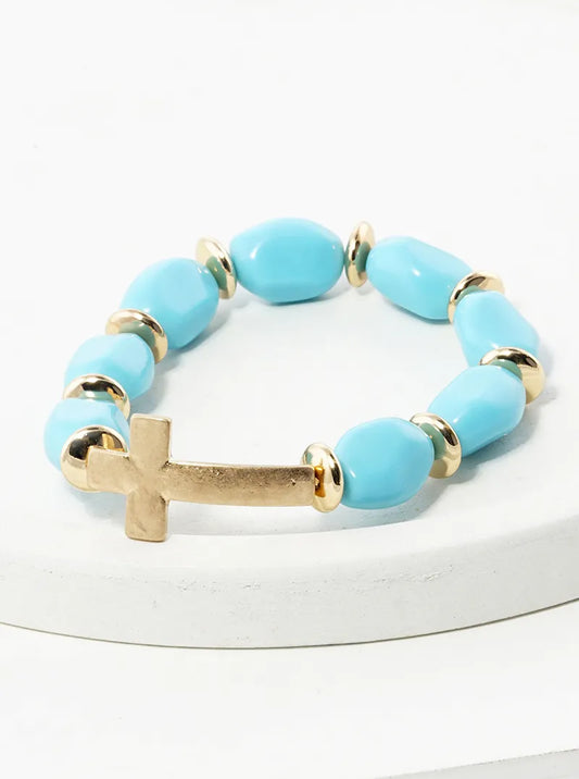 Metal Cross Accent Semi-precious Natural Stone Stretch Bracelet