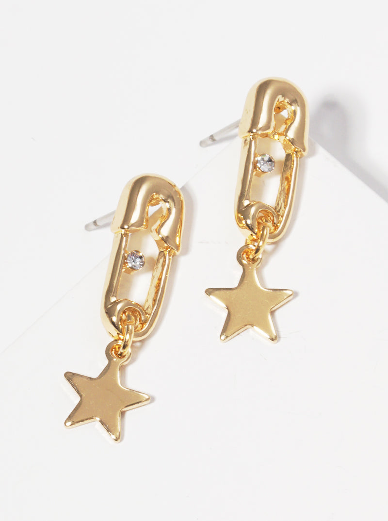 Metal Crystal Stone Clip Post Earrings With Star Drop